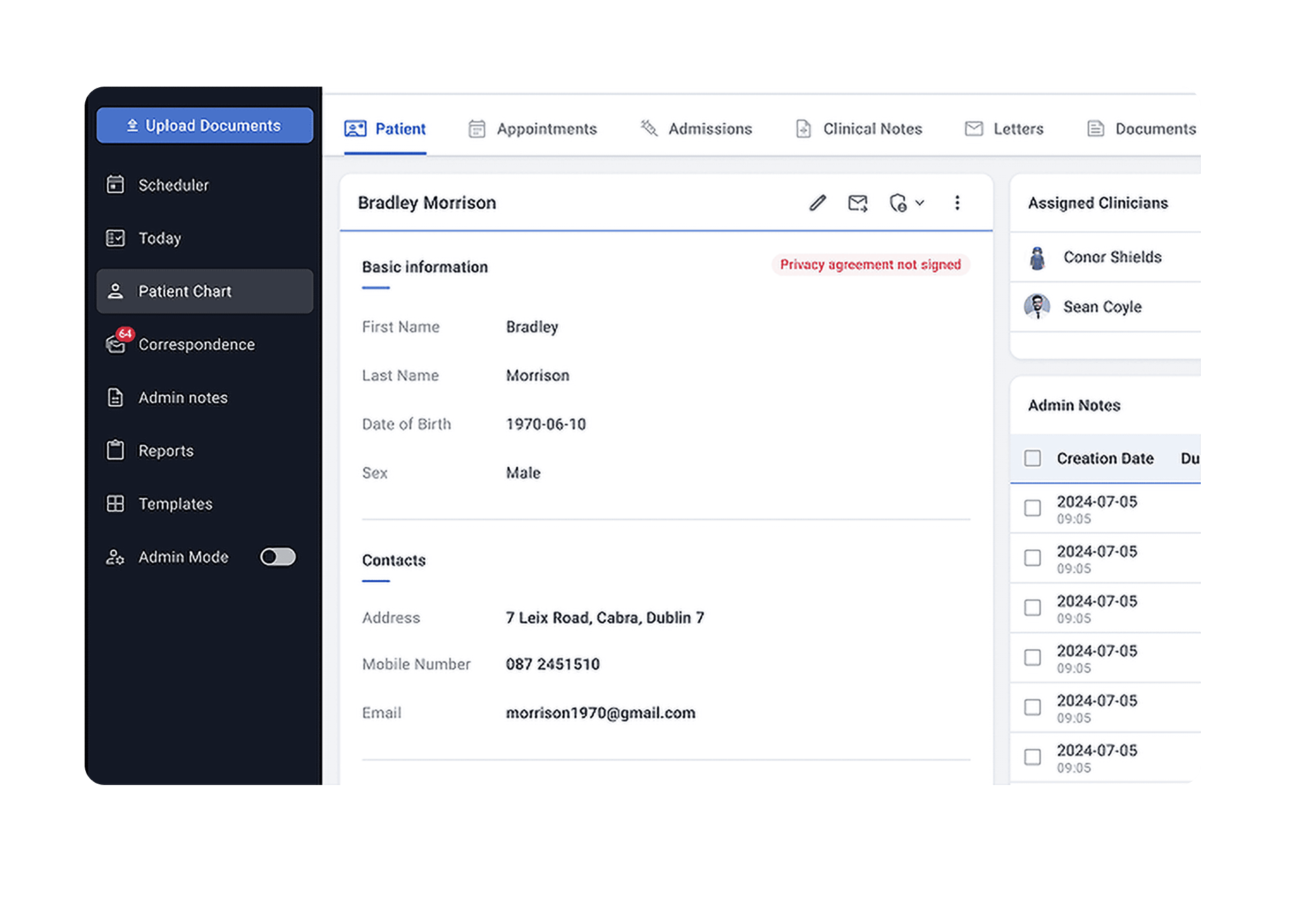 View patient medical history and notes in a secure digital chart system